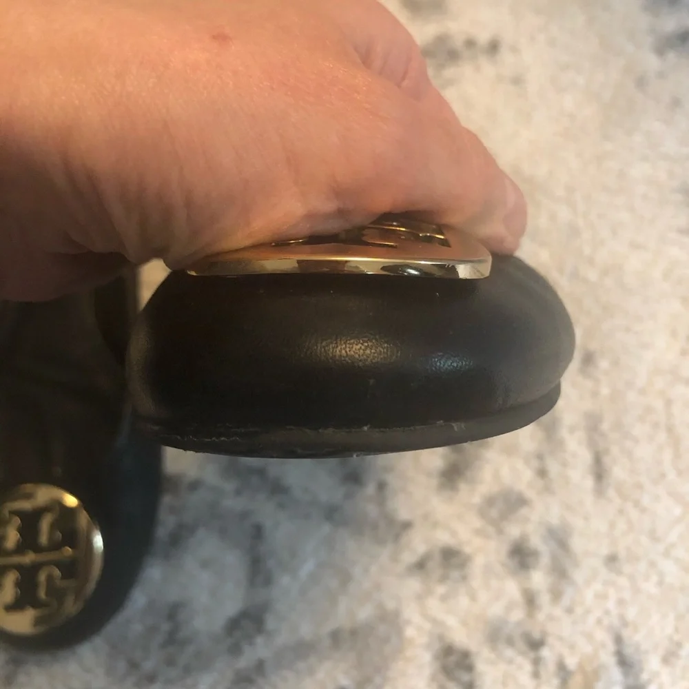 Tory Burch Black Leather Logo Ballet Flats with Gold Medallions